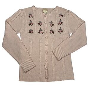 Vintage 70s Pink Cable Knit Floral Embroidered Cardigan Sweater Puff Sleeve M